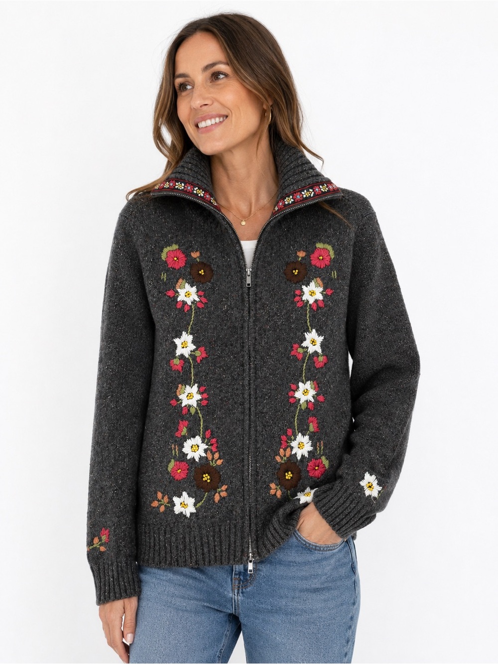 Victoria Jones Wool blend Dark Gray Floral Zip Cardigan L